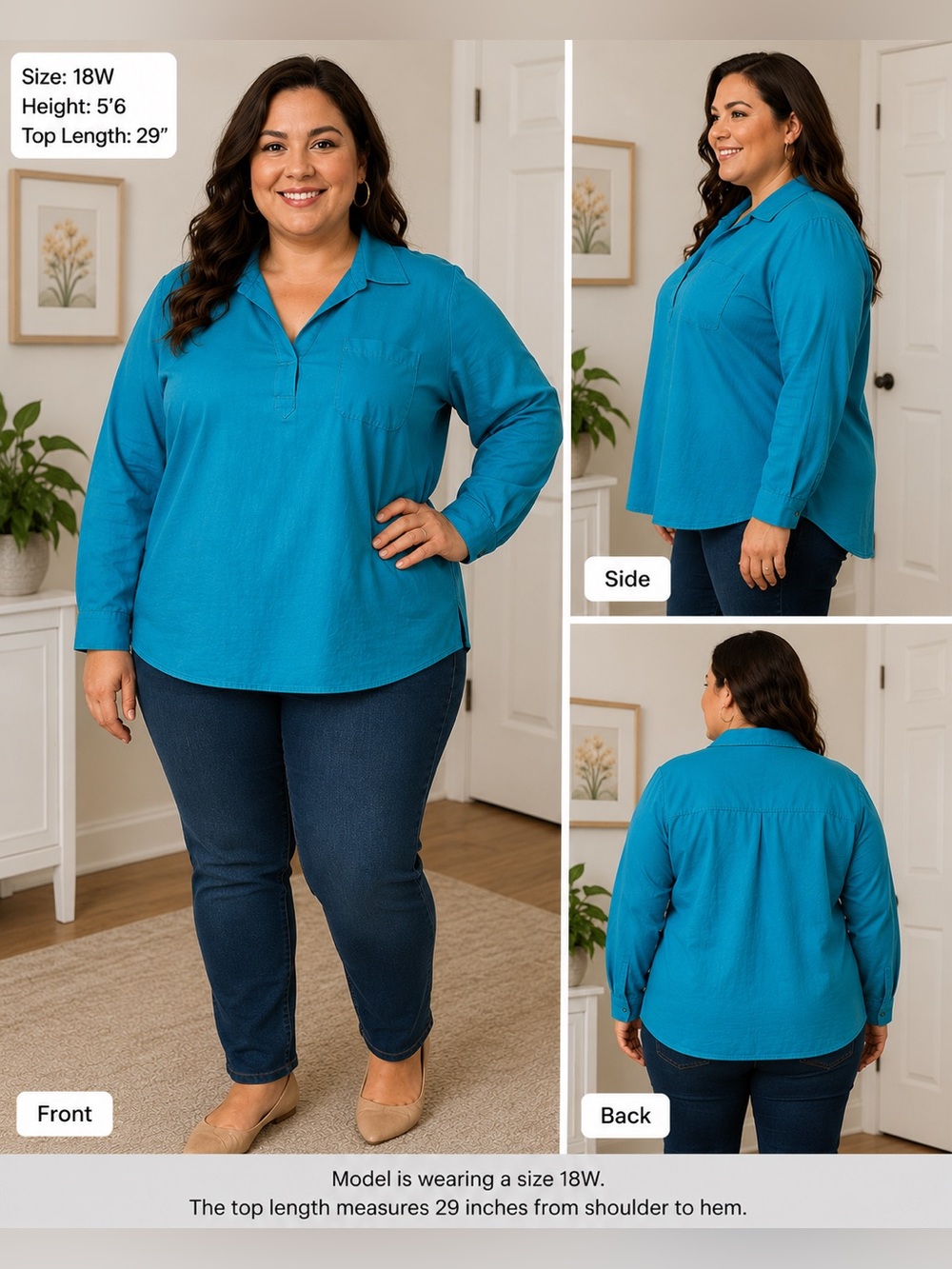 Newport News Jeanology Collection Women’s Plus 18W Teal Cotton Tunic Blouse